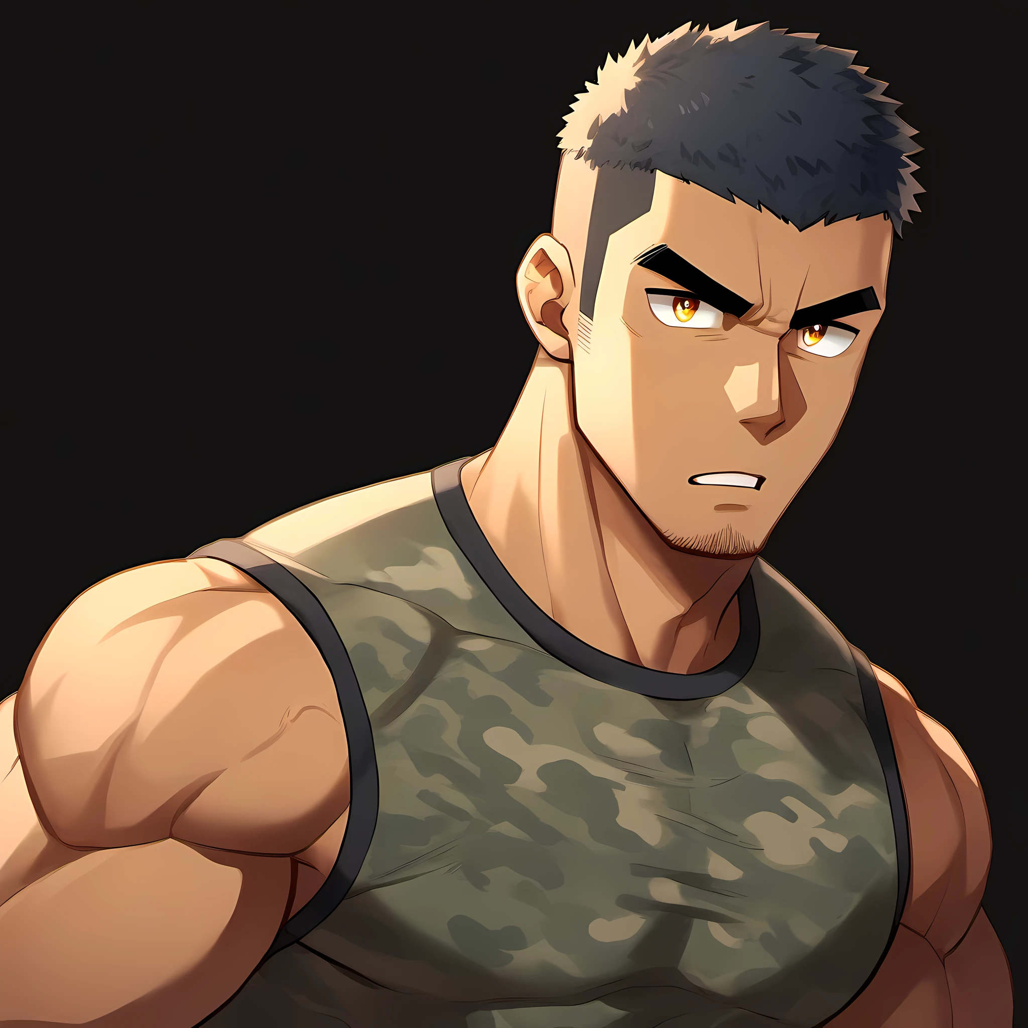 anime characters：Gyee, Fitness coach, Chocolate skin, 1 muscular tough guy, Manliness, male focus, Camouflage sleeveless T-shirt, Very tight, Slightly transparent, muscular male, muscular, only, Upper body, alone, Black short hair, Thick eyebrows, stubble, Yellow eyes, Black background, simple background, amazing quality, best aesthetics, Ridiculous, bright pupils, crew cut, parted lips, v-shaped eyebrows, jitome, drop shadow, best quality