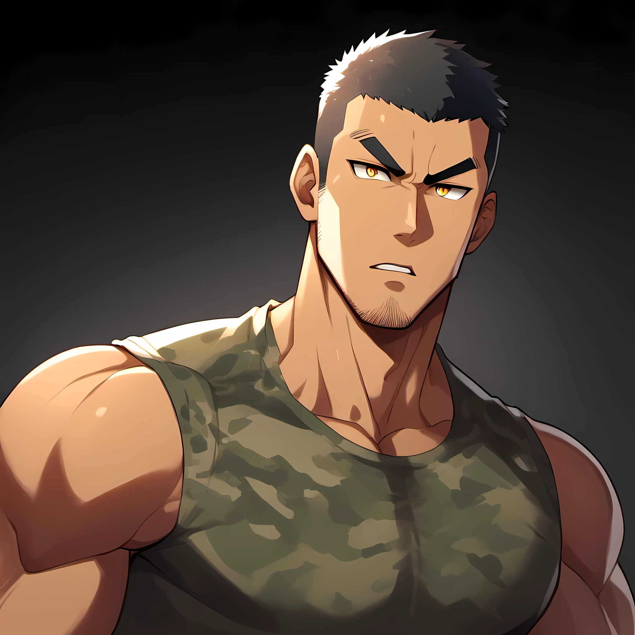 anime characters:Gyee, Fitness coach, Chocolate skin, 1 muscular tough guy, Manliness, male focus, Camouflage sleeveless T-shirt, Very tight, Slightly transparent, muscular male, muscular, only, Upper body, alone, Black short hair, Thick eyebrows, stubble, Yellow eyes, Black background, simple background, amazing quality, best aesthetics, Ridiculous, bright pupils, crew cut, parted lips, v-shaped eyebrows, jitome, drop shadow, best quality