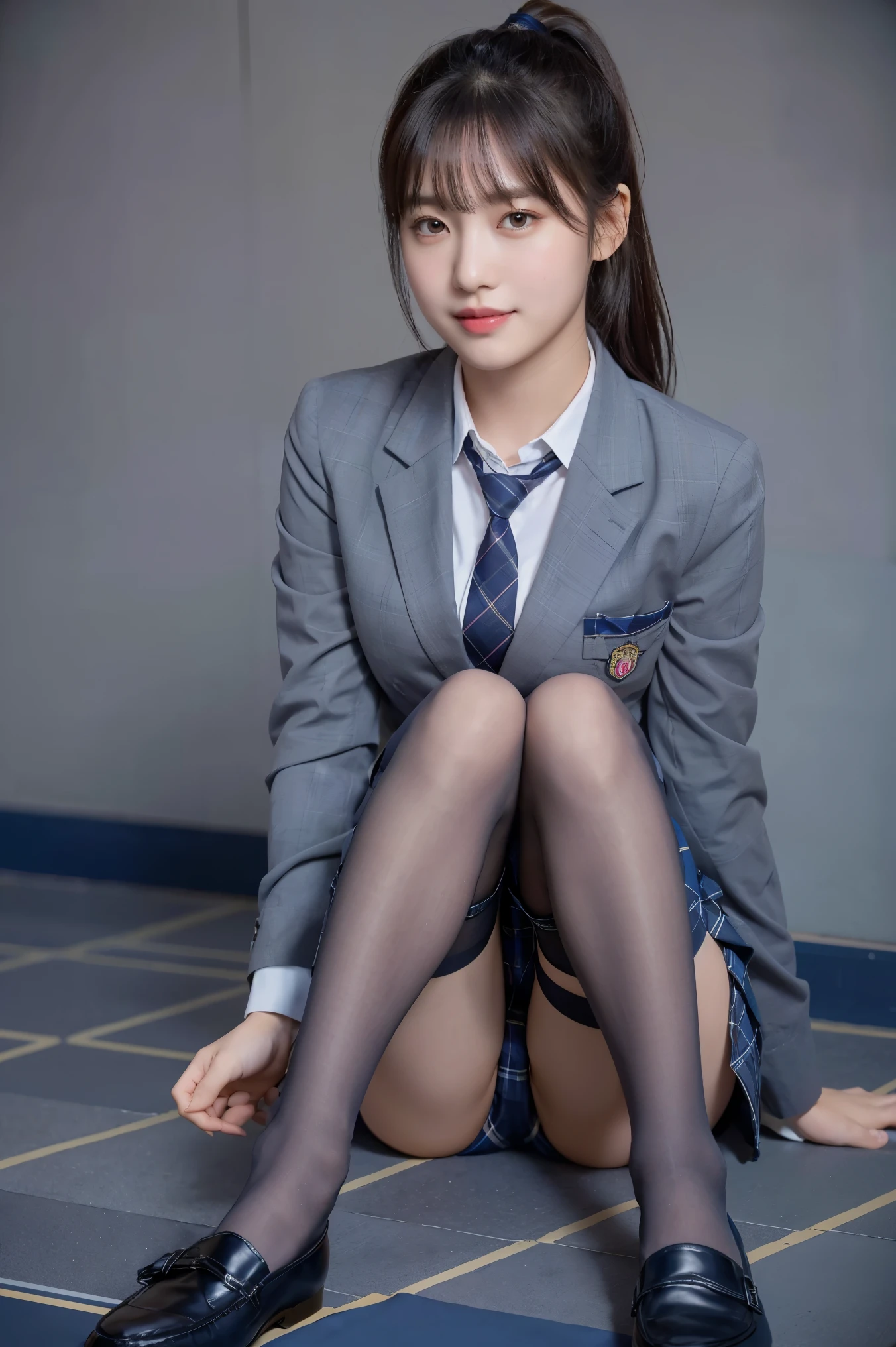 (8K), (highest quality: 1.2), (realistic), (realistic: 1.37), ultra high resolution, (1 girl), cute, smile, closed mouth, beautiful details, beautiful nose, ponytail, giant dulcefo, pork, thighs,self snap,University Student Uniform,(A simple navy blue blazer),pleated skirt,(The skirt and tie are gray tartan check pattern....:1.3),(sitting:1), sit on the ground,(hug your feet:1),(Pink stockings),from the front,knees,loafers