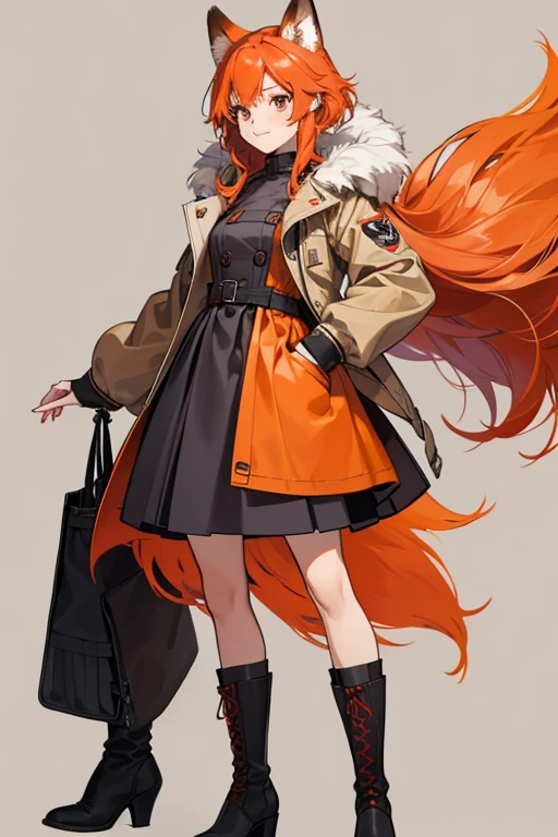 Malin is a red fox with orange and beige fur. She has red hair and black tips on her ears. She wears a light gray jacket with black pockets and cuffs, as well as a purple dress with a black collar, buttons and a skirt. She wears long white boots.