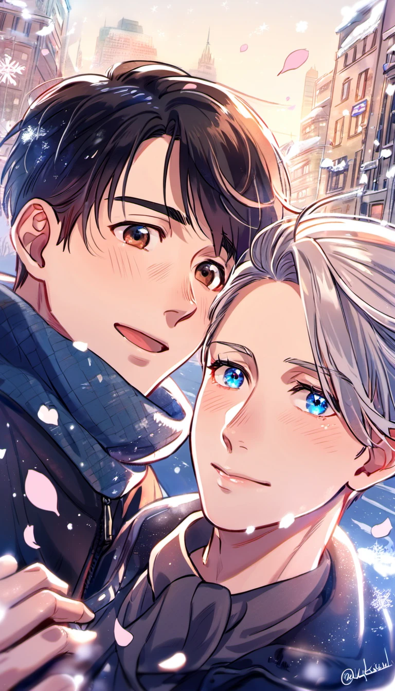 absurdres, highres, ultra detailed, HDR, master piece, best quality, Victor Nikiforov, platinum hair, expressive blue eyes, Yuri on ice, Katsuki Yuuri, black hair, expressive brown eyes, 2men together, gay couple, handsome, petals, city, buildings, snow, snowflakes, winter clothes