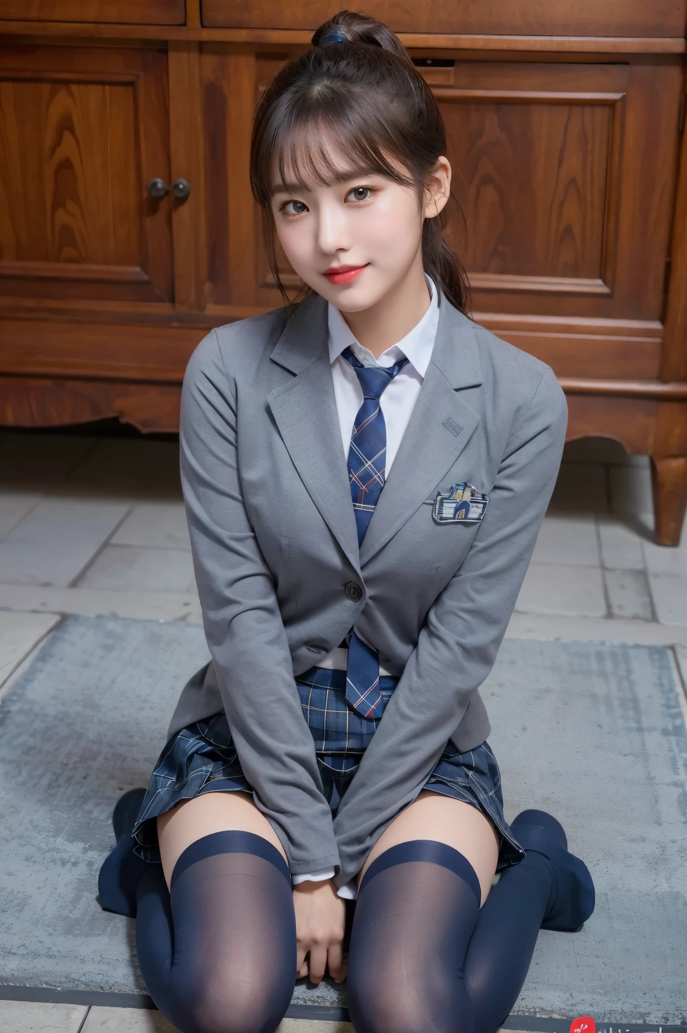 (8K), (highest quality: 1.2), (realistic), (realistic: 1.37), ultra high resolution, (1 girl), cute, smile, closed mouth, beautiful details, beautiful nose, ponytail, giant dulcefo, pork, thighs,self snap,University Student Uniform,(A simple navy blue blazer),pleated skirt,(The skirt and tie are gray tartan check pattern....:1.3),(sitting:1), sit on the ground,(hug your feet:1),(red tights),from the front,knees,panties,loafers