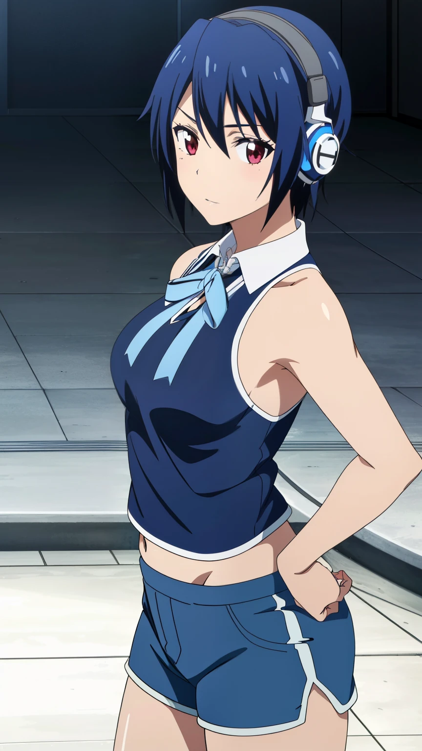 (Top Quality, 8K, Hi-Res, Masterpiece: 1.2), Super Detail, Anime Art Style, Anime Coloring, Solo, 1 Girl, Seishiro Tsuzuru, Innerwear, Shorts, Headphones on Neck, Medium Big Breasts, Solo , Stylish pose, Stylish angle, Staring at the audience in the center of the image, Cowboy shot