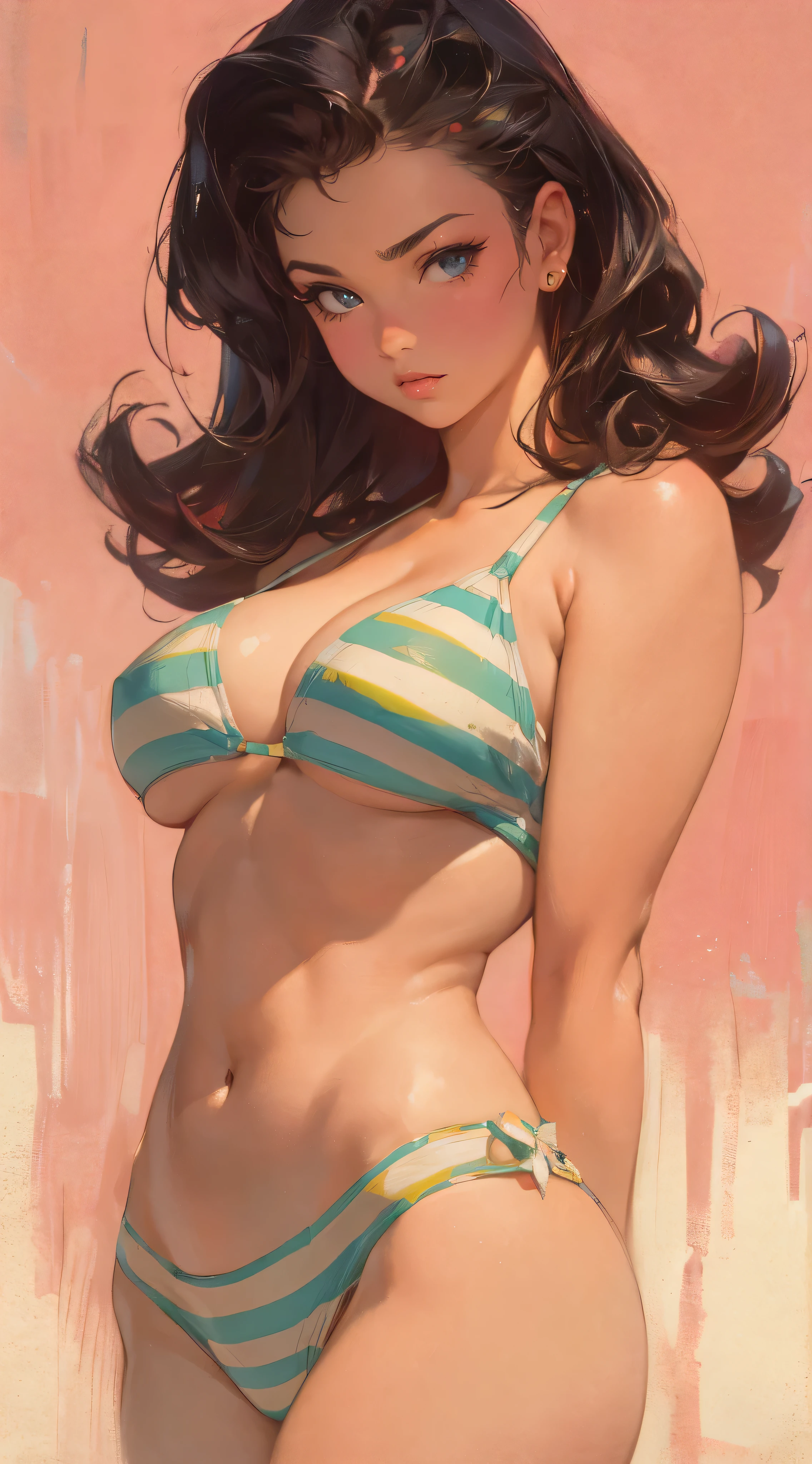 (best quality, ultra-detailed, 8k, uhd:1.2), best quality, perfect body, curvceous, (huge breasts), slim waist, thick thighs, minimalist painting by frank frazetta with oil pastels, wearing a colorful retro pastel stripe bikini, minimalist monochromatic portraits on pink background, sweet painting with smooth finish