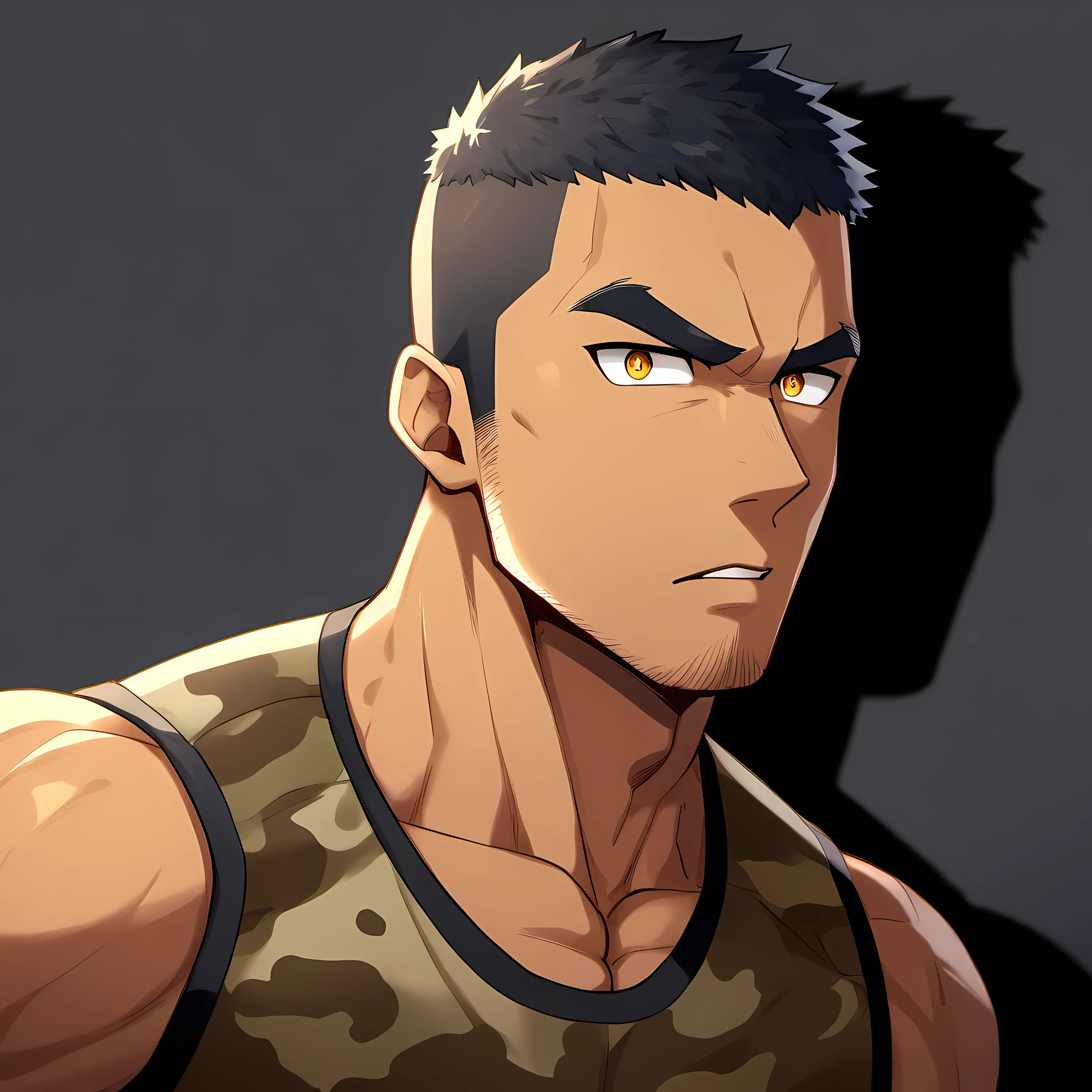 anime characters：Gyee, Fitness coach, Chocolate skin, 1 muscular tough guy, Manliness, male focus, Camouflage sleeveless T-shirt, Very tight, Slightly transparent, muscular male, muscular, only, Upper body, alone, Black short hair, Thick eyebrows, stubble, Yellow eyes, Black background, simple background, amazing quality, best aesthetics, Ridiculous, bright pupils, crew cut, parted lips, v-shaped eyebrows, jitome, drop shadow, best quality