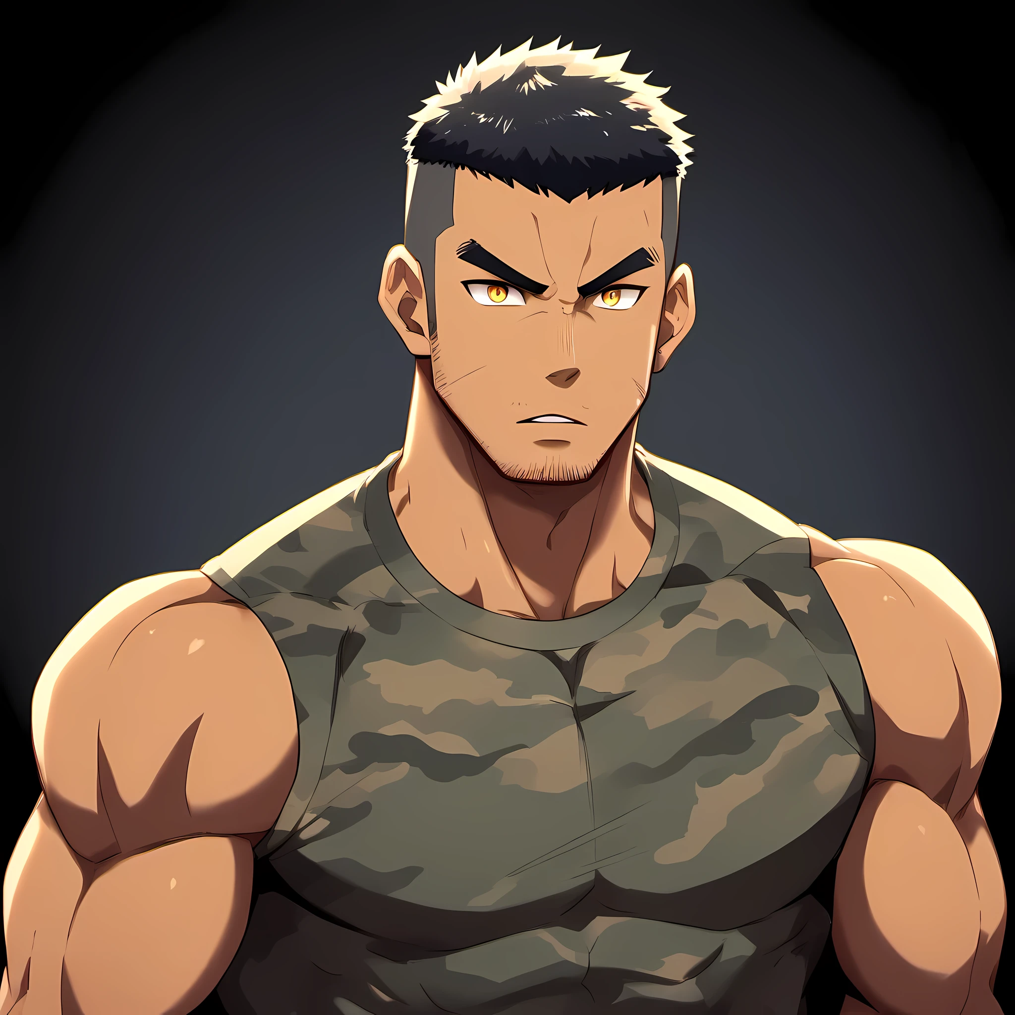 anime characters：Gyee, Fitness coach, Chocolate skin, 1 muscular tough guy, Manliness, male focus, Camouflage sleeveless T-shirt, Very tight, Slightly transparent, muscular male, muscular, only, Upper body, alone, Black short hair, Thick eyebrows, stubble, Yellow eyes, Black background, simple background, amazing quality, best aesthetics, Ridiculous, bright pupils, crew cut, parted lips, v-shaped eyebrows, jitome, drop shadow, best quality