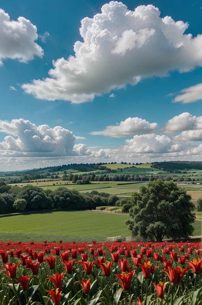 Red lilies in a field with trees in the background and a blue sky with clouds