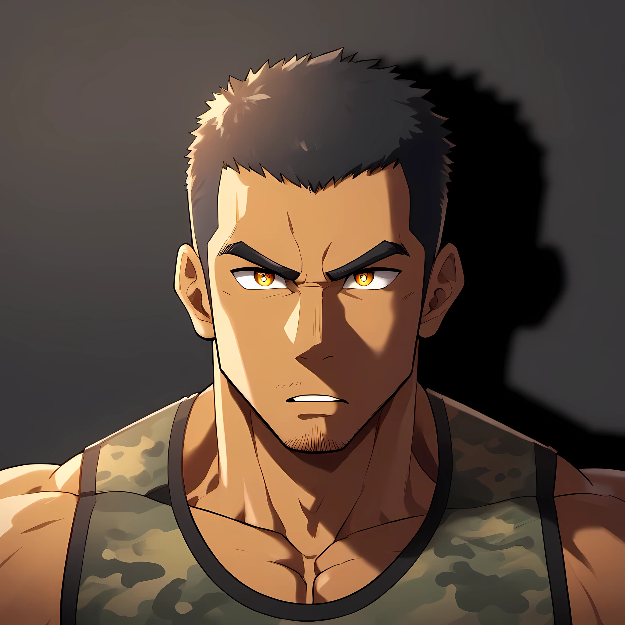 anime characters:Gyee, Fitness coach, Chocolate skin, 1 muscular tough guy, Manliness, male focus, Camouflage sleeveless T-shirt, Very tight, Slightly transparent, muscular male, muscular, only, Upper body, alone, Black short hair, Thick eyebrows, stubble, Yellow eyes, Black background, simple background, amazing quality, best aesthetics, Ridiculous, bright pupils, crew cut, parted lips, v-shaped eyebrows, jitome, drop shadow, best quality