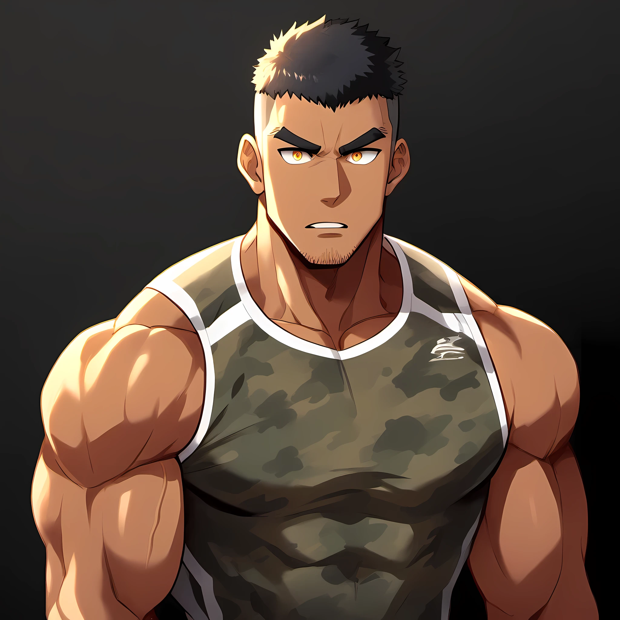 anime characters:Gyee, Fitness coach, Chocolate skin, 1 muscular tough guy, Manliness, male focus, Camouflage sleeveless T-shirt, Very tight, Slightly transparent, muscular male, muscular, only, Upper body, alone, Black short hair, Thick eyebrows, stubble, Yellow eyes, Black background, simple background, amazing quality, best aesthetics, Ridiculous, bright pupils, crew cut, parted lips, v-shaped eyebrows, jitome, drop shadow, best quality