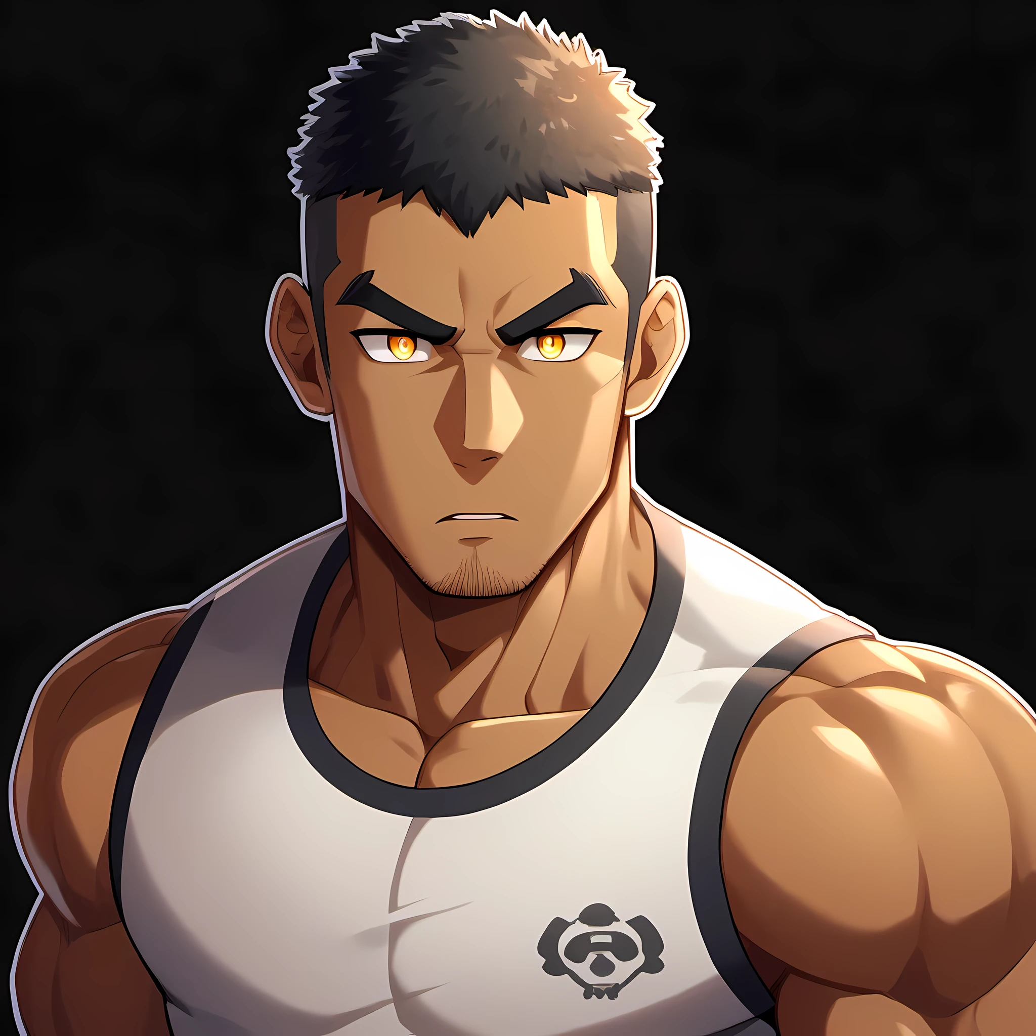 anime characters：Gyee, Fitness coach, Chocolate skin, 1 muscular tough guy, Manliness, male focus, Camouflage sleeveless T-shirt, Very tight, Slightly transparent, muscular male, muscular, only, Upper body, alone, Black short hair, Thick eyebrows, stubble, Yellow eyes, Black background, simple background, amazing quality, best aesthetics, Ridiculous, bright pupils, crew cut, parted lips, v-shaped eyebrows, jitome, drop shadow, best quality