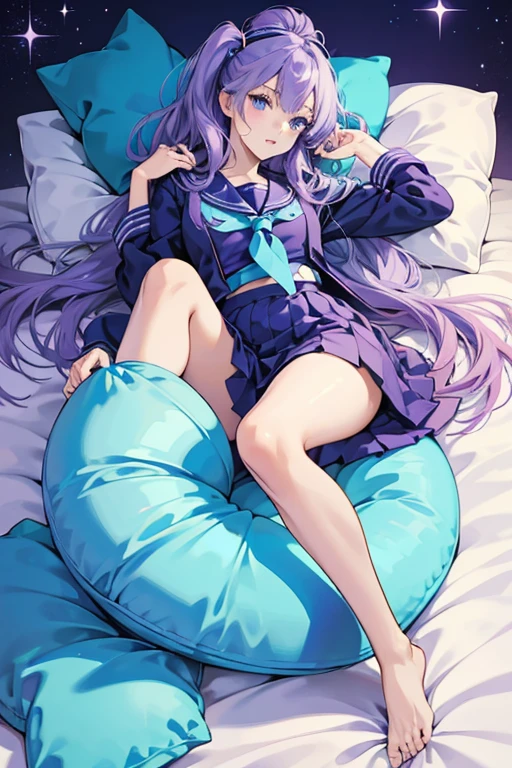 anime-esque female human with purple hair, large blue eyes, and a blue seifuku uniform, who is presumably, named Miki-chan. The body pillow itself is a dull pink color. SPARKLE; GLITTER