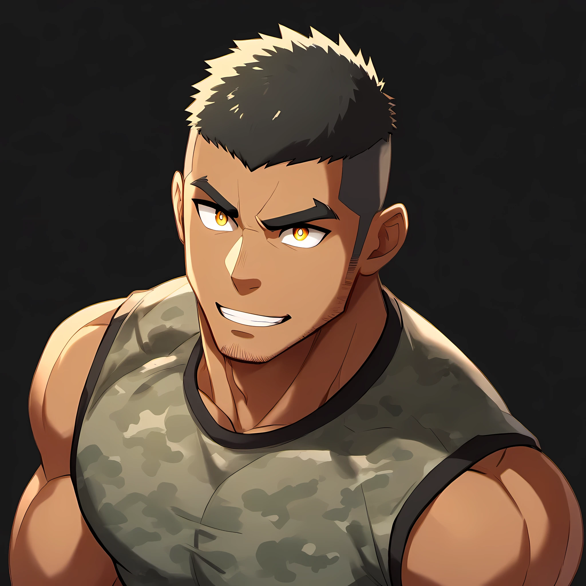 anime characters:Gyee, Fitness coach, Chocolate skin, 1 muscular tough guy, Manliness, male focus, Camouflage sleeveless T-shirt, Very tight, Slightly transparent, muscular male, muscular, only, Upper body, alone, Black short hair, Thick eyebrows, stubble, Yellow eyes, Black background, simple background, amazing quality, best aesthetics, Ridiculous, bright pupils, crew cut, parted lips, forced smile, drop shadow, best quality