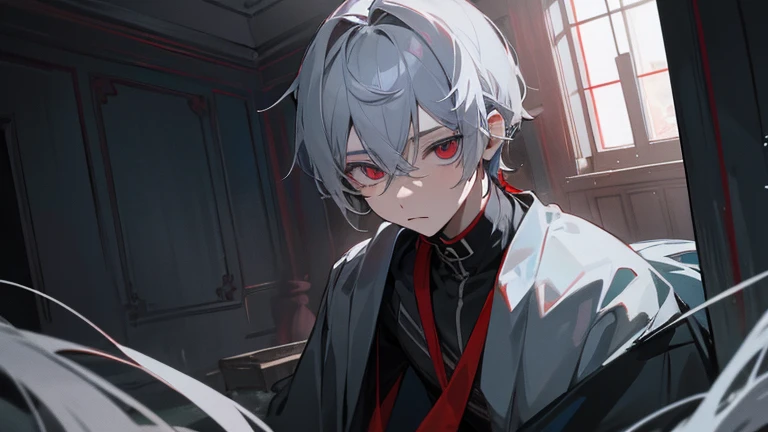 odd eye,blue eyes,red eyes,1 boy,gray hair,inside the house,,,