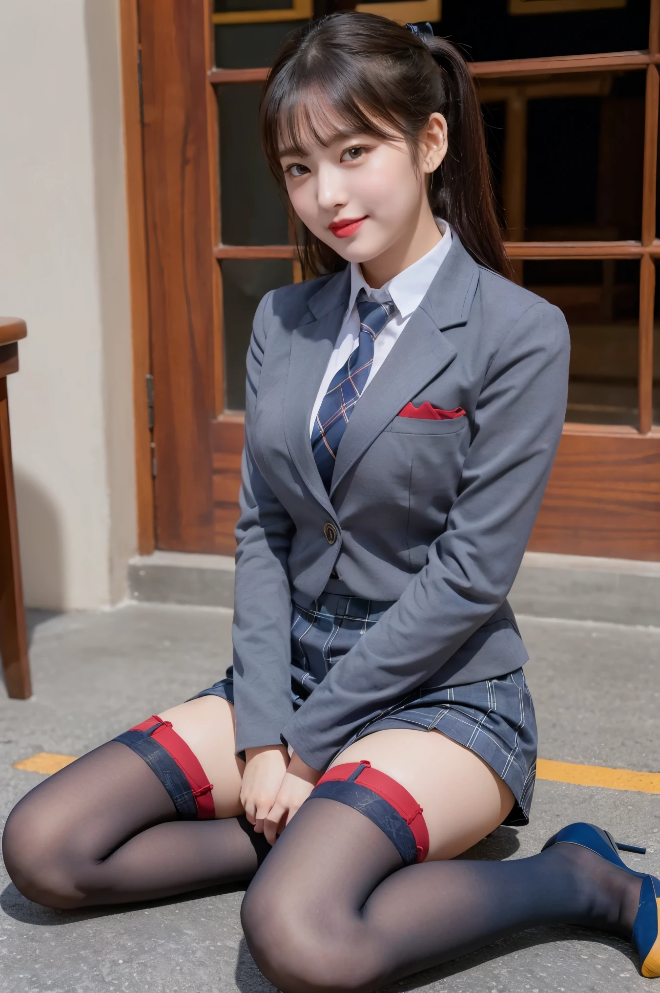 (8K), (highest quality: 1.2), (realistic), (realistic: 1.37), ultra high resolution, (1 girl), cute, smile, closed mouth, beautiful details, beautiful nose, ponytail, giant dulcefo, pork, thighs，self snap,University Student Uniform,(A simple navy blue blazer),pleated skirt,(The skirt and tie are gray tartan check pattern....:1.3),(sitting:1), sit on the ground,(hug your feet:1),(red stockings:1.2),from the front,knees,loafers