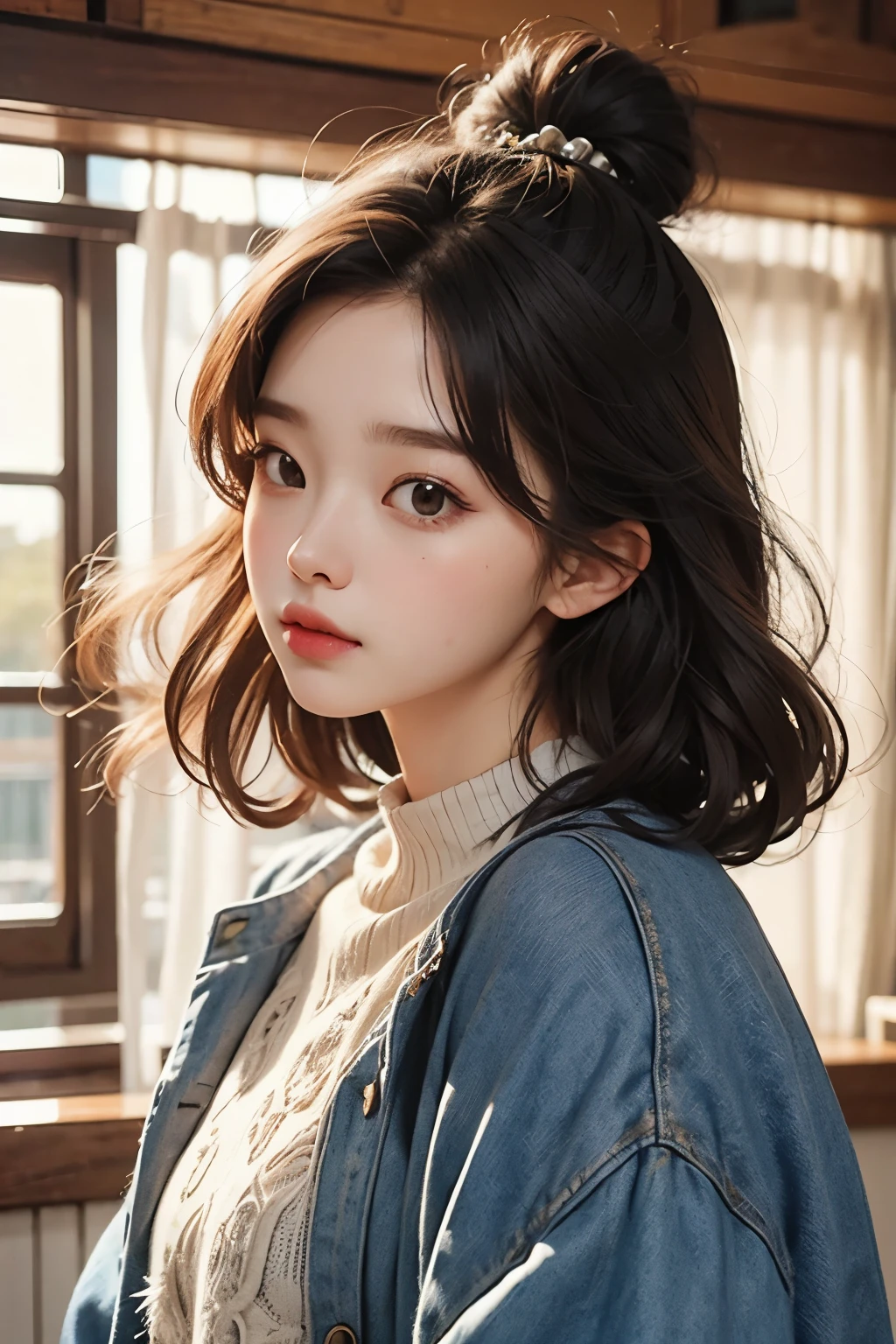 masterpiece, best quality, 8 thousand, 24 years old, photo beast, absurd, award-winning portraits, pure, korean beauty, spring, A colorful and stylish room, laces, cute, right, healthy, Beloved, perfect hands, Innocent Girl, fluttering hair, Random Actions, 무작위 clothes, (clothes:random color), Popular hairstyles in Korea,
