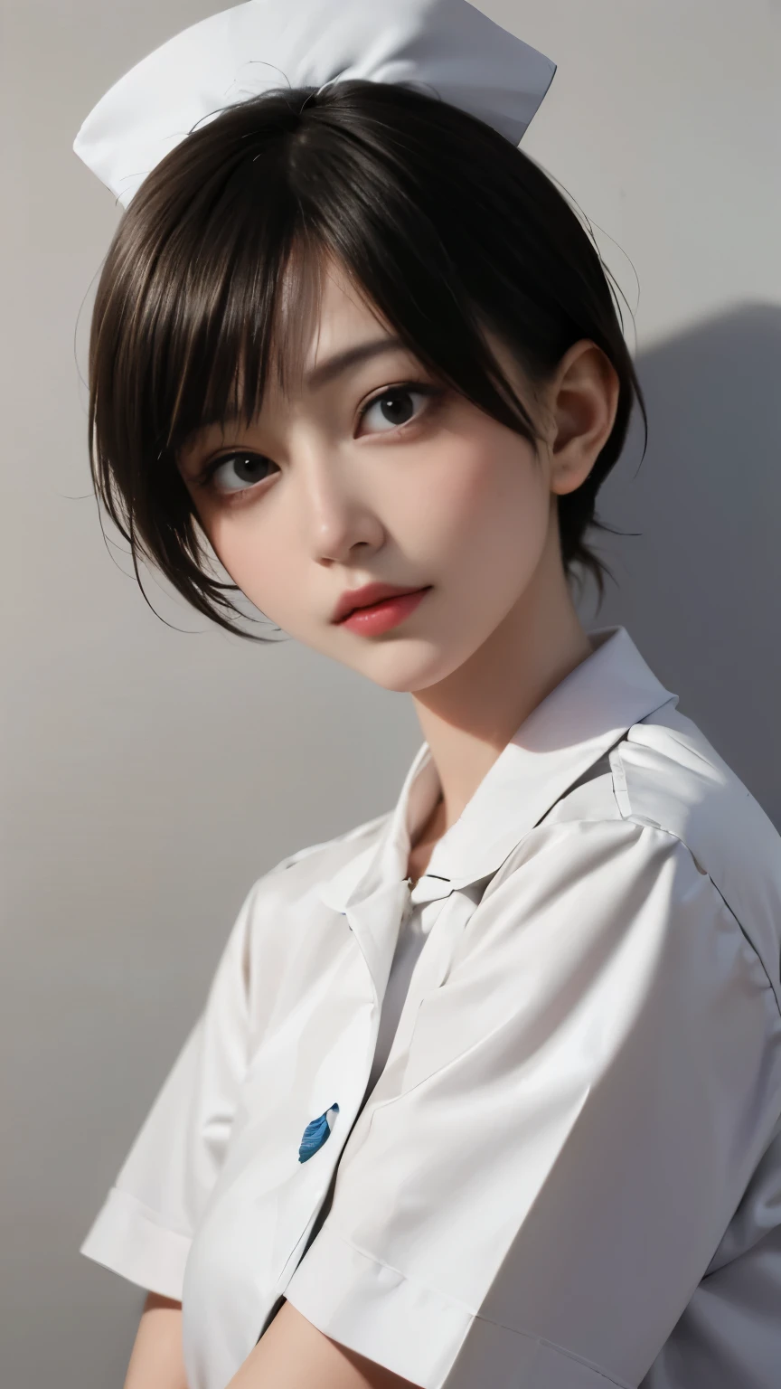 highest quality, white skin, real human skin, (be familiar with), oval face, pore, ultra high resolution, (8K, RAW photo, realistic: 1.4), one girl, slim, (Gentle, goddess-like eyes) happiness: 1.2), (lip gloss, eyelash, gross face, highest quality, ultra high resolution, wide lighting, natural shading)、sexy nurse、Full body diagram:1.8、Absolute area、long beautiful thin legs、low length、hospital、hospital room、Have a medical record、sexy look:0.8