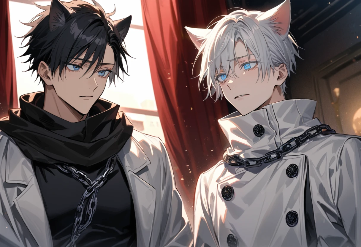 Ultra detailed, Highres, absurdres, HDR, Gojou Satoru with white cat ears, white hair, blue eyes, white eyelashes, black scarf, white long coat, black tight shirt, Jujutsu Kaisen, Yuya, black hair, silver eyes, handsome, window, moon, chains, 2 men together, gay couple, sad expression, extremely detailed face and eyes, red curtains,