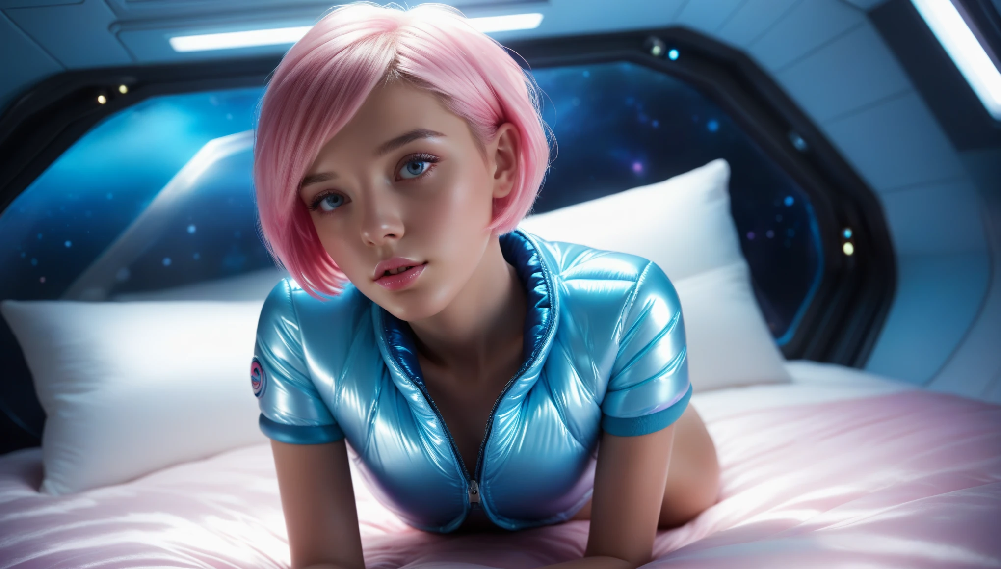 Masterpiece, Best Quality, (The play of light and shadows), depth of field, ((cute girl in a shiny puffer, light blue, pink, short sleeves, small perky breasts, extremely detailed face, detailed eyes, detailed lips, random short hairstyle, small hips, in a spaceship, on a bed))