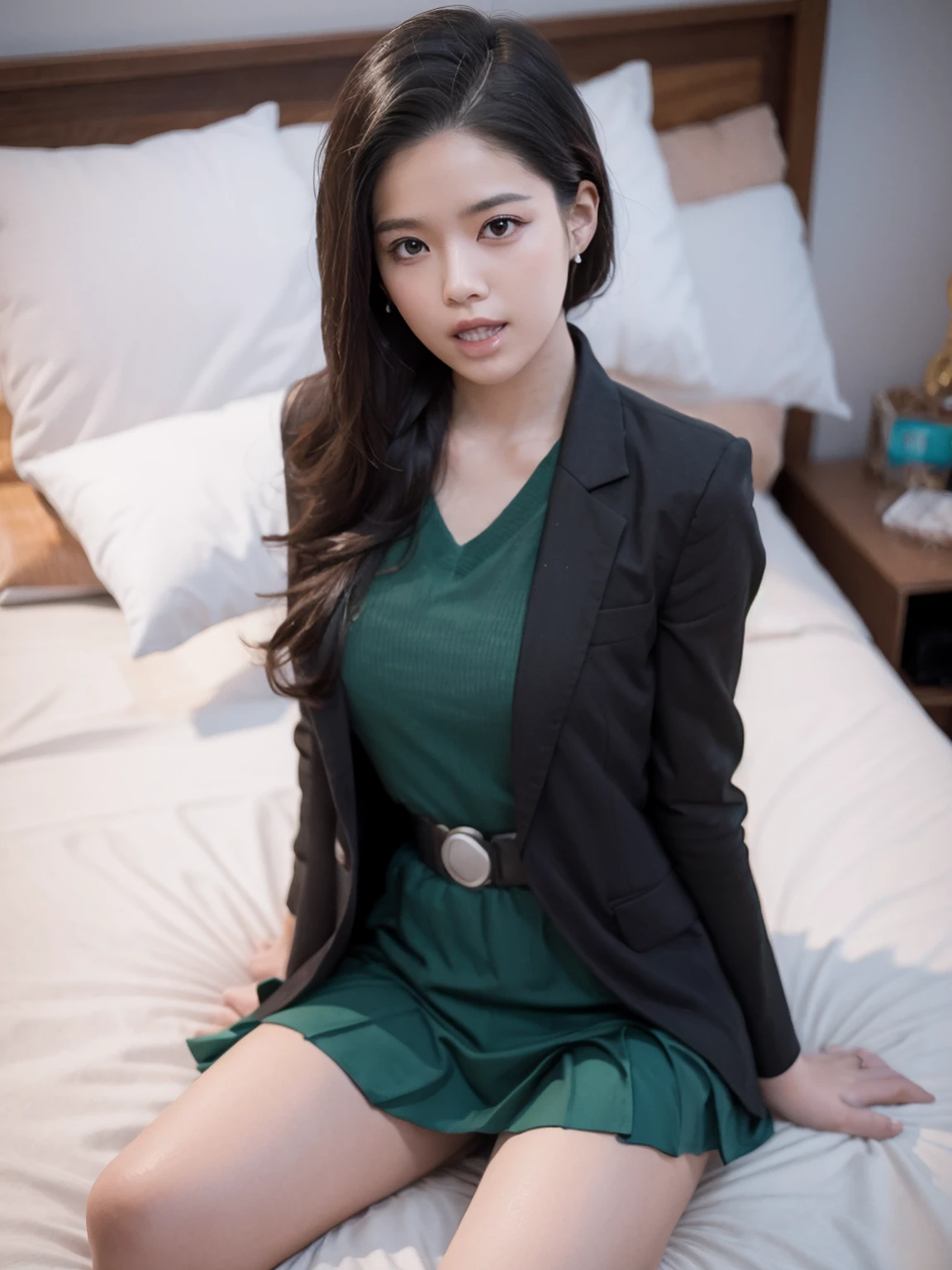 (8K,RAW photo,highest quality,masterpiece:1.9),(looking at the viewer:1.7)erotic,(huge breasts:1.6),(Very small waist:1.7),(very thin legs:1.7),(high school girl uniform:1.8),(A blazer that accentuates the shape of your bust:1.8)(Enchanted expression:1.8),(on the bed:1.7)