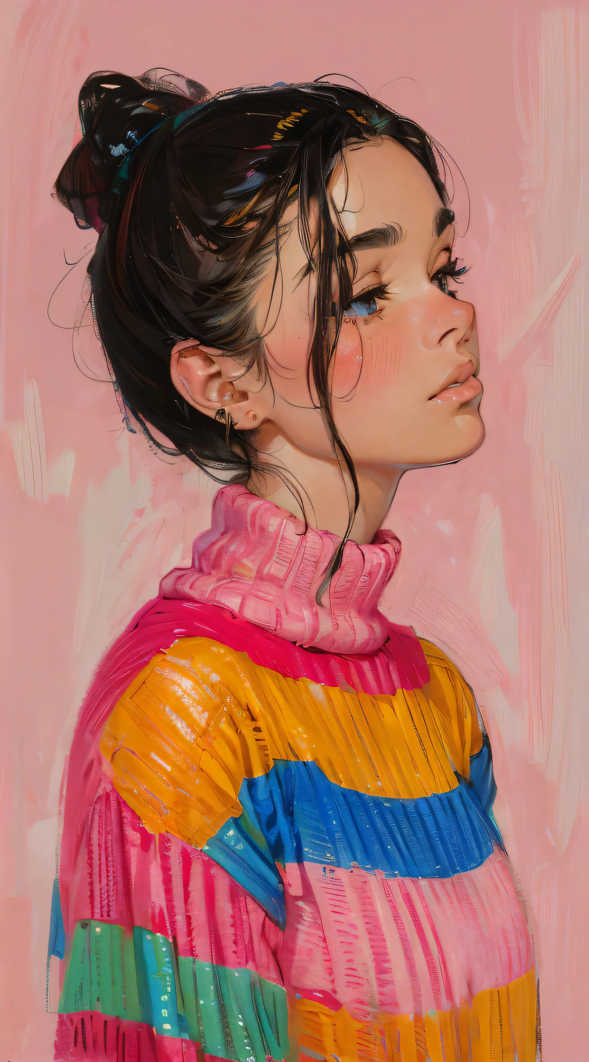 (best quality, ultra-detailed, 8k, uhd:1.2), best quality, perfect body, curvceous, slim waist, thick thighs, minimalist painting by frank frazetta with oil pastels, wearing a colorful retro pastel stripe sweater, minimalist monochromatic portraits on pink background, sweet painting with smooth finish