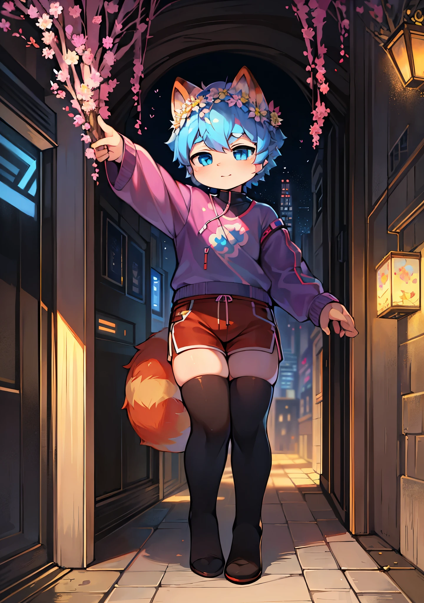 masterpiece, soft shading, perfect anatomy, perfect lighting, perfect focus, vibrant, solo, 1 femboy, human, male, red panda tail,caucasian skin,blue eyes,sci-fi clothing,flower crown, shorts , sci-fi city, uploaded on e621, psychic, cute , thigh highs