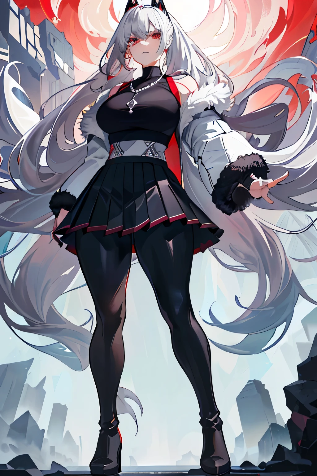 (art, best quality, ultra-detailed, high contrast), 1 woman (Alone, full body, plus size body, standing on the edge of a towering skyscraper, silver hair cascading in long, flowing waves and tied in a high ponytail, broken ruby red eyes reflecting a deep longing, clad in leggings with intricate patterns, a pleated skirt that gently sways in the wind, a sports top that highlights her muscular form, high boots with sleek designs, and a long fur jacket for added warmth, a glint of black cybernetics peeking out from beneath, adorned with a metal necklace that sparkles in the sunlight with