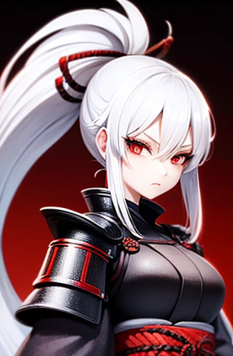 samurai white hair ponytail Narrow, red eyes Armor over kimono Beautiful woman serious expression long eyelashes Upper body