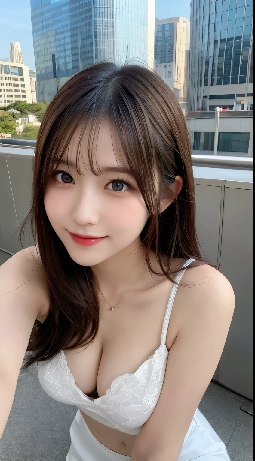 table top, highest quality, shape, Super detailed, finely, High resolution, 8k wallpaper, 完璧なダイナミックな構shape, beautiful and detailed eyes, small breasts, natural color lip, random sexy pose,smile,big city、20 year old girl、beautiful and elegant face、perfect and beautiful face,Big eyes、real photos(best image quality),suit、The Roof Shibuya Sky top floor background、Photographing the sky、slim face and body