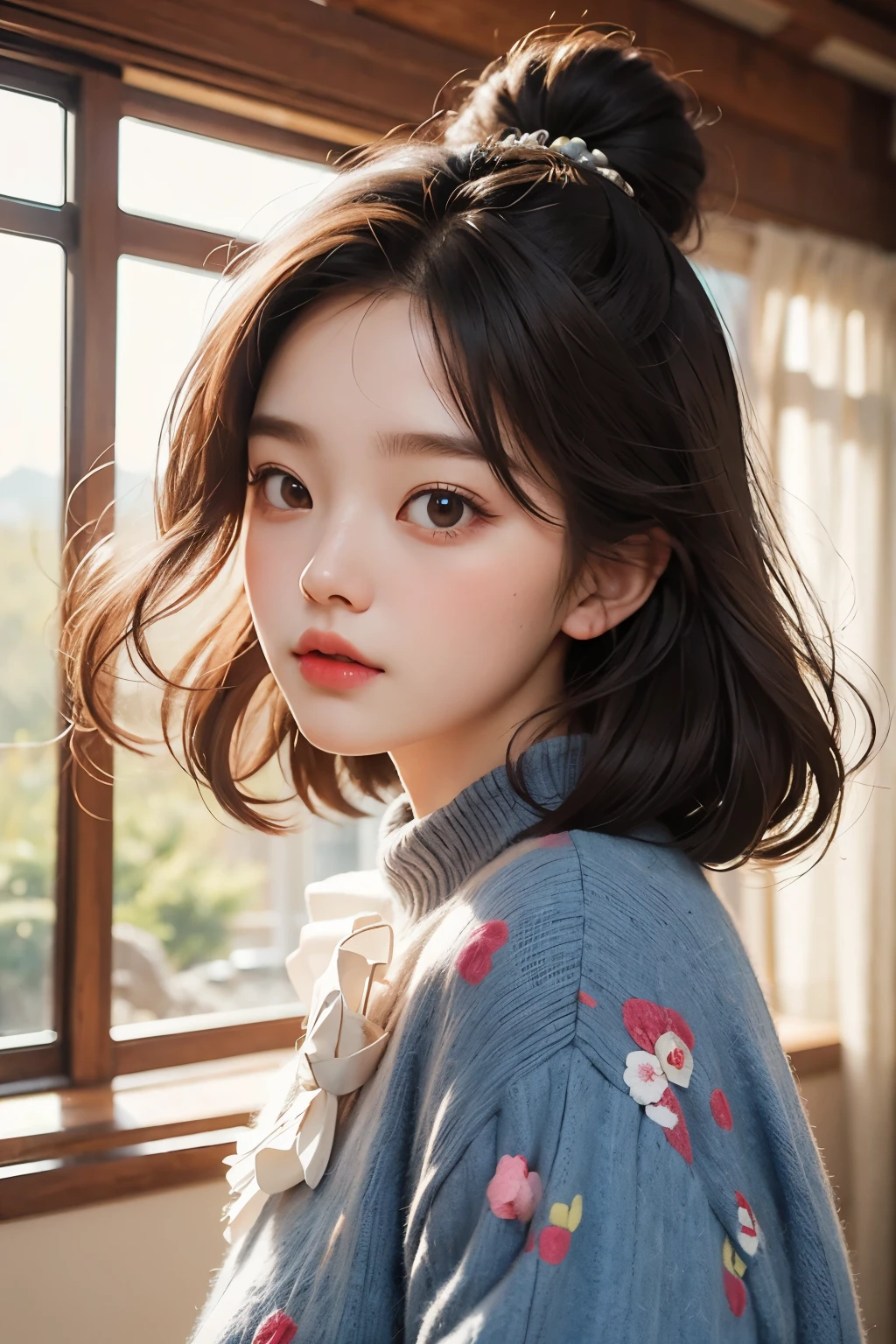 masterpiece, best quality, 8 thousand, 24 years old, photo beast, absurd, award-winning portraits, pure, korean beauty, spring, A colorful and stylish room, laces, cute, right, healthy, Beloved, perfect hands, Innocent Girl, fluttering hair, Random Actions, 무작위 clothes, (clothes:random multi color), Popular hairstyles in Korea,