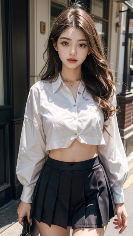 A high school girl wearing a short, checkered pleated skirt、plump thighs、unbuttoned white blouse、Navel Fashion