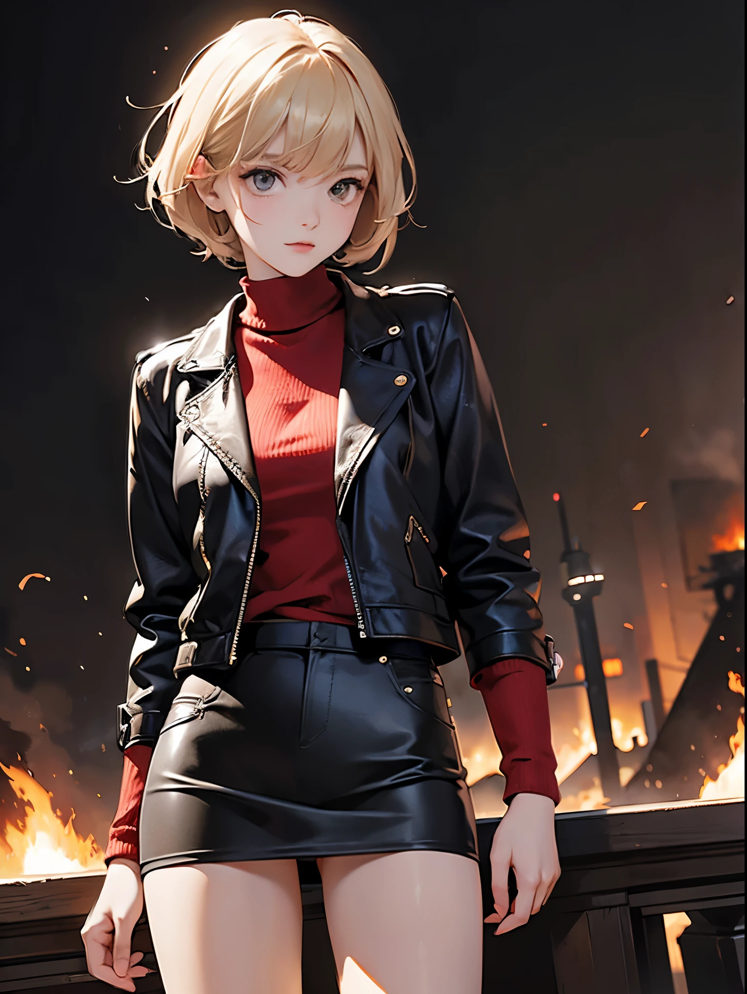 Semi-realistic anime style、Slim girl with cute short cuts、wear a miniskirt、wearing a sweater、Brown leather jacket、Holding a Colt Python 6 inch、good style,pretty eyes、The hair is smooth and soft、buckshot、The Cathedral where the Ark is enshrined、Dark and bleak、Staring at the arc of red flames、