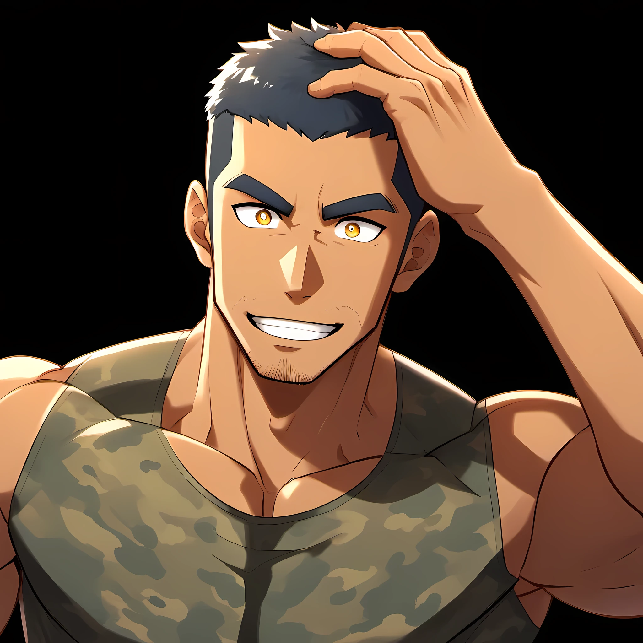 anime characters：Gyee, Fitness coach, Chocolate skin, 1 muscular tough guy, Manliness, male focus, Camouflage sleeveless T-shirt, Very tight, Slightly transparent, muscular male, muscular, only, Upper body, alone, Black short hair, Thick eyebrows, stubble, Yellow eyes, Black background, simple background, amazing quality, best aesthetics, Ridiculous, bright pupils, crew cut, parted lips, Scratching one&#39;s head, giggle, Stupid laugh, drop shadow, best quality