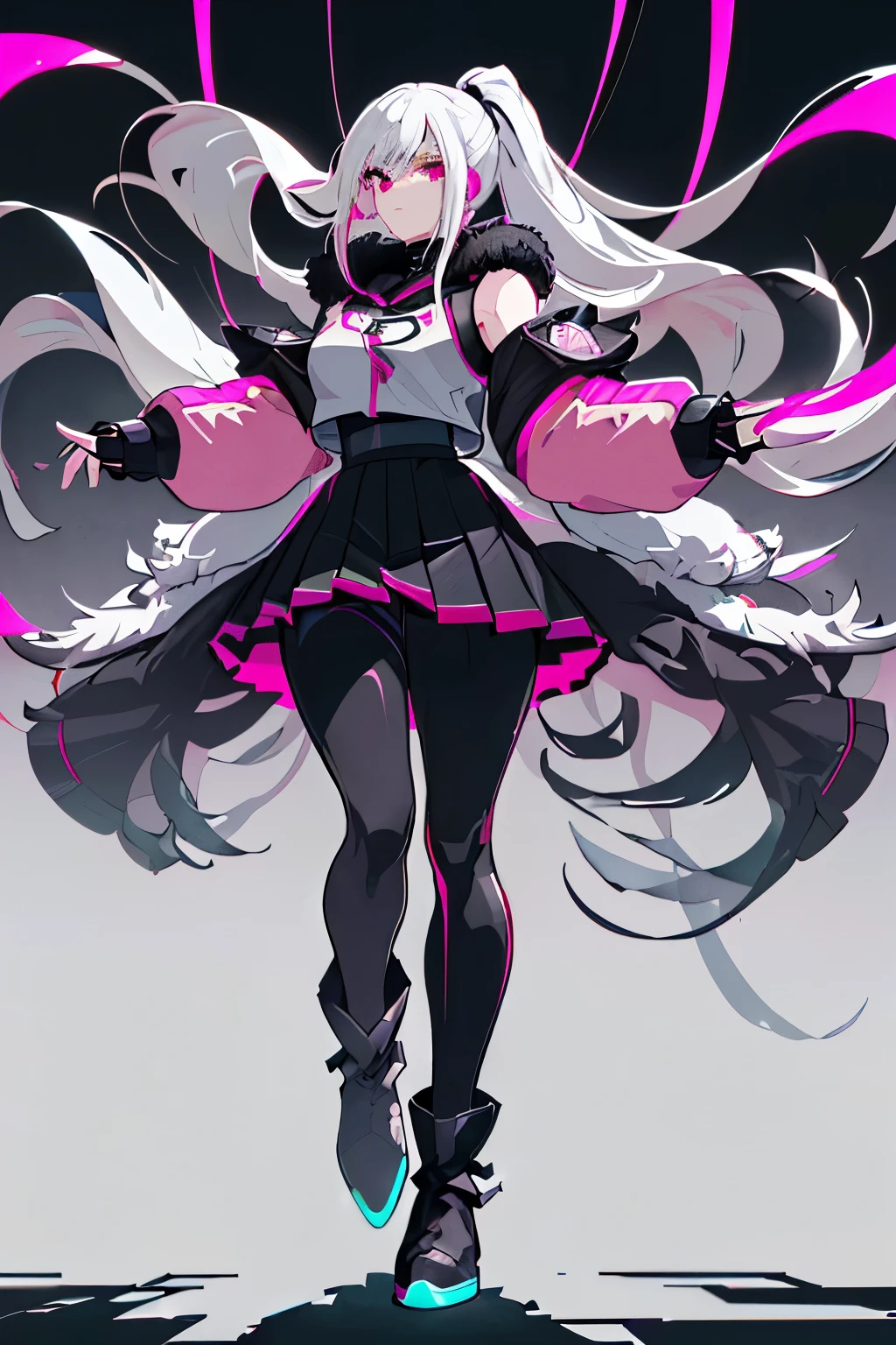 (art, best quality, ultra-detailed, high contrast), 1 woman (Alone, full body, plus size body, standing on the edge of a towering skyscraper, silver hair cascading down her back in a long flowing ponytail, broken ruby red eyes filled with sorrow, expression Etched with deep lines and wrinkles, (leggings molded to every curve, pleated skirt billowing gently in the wind, sports top clinging to her figure, high boots with metallic accents, long fur jacket draped around her shoulders, black cybernetics with neon pink accents adorning her arms and legs), Detailed face with every pore and wr