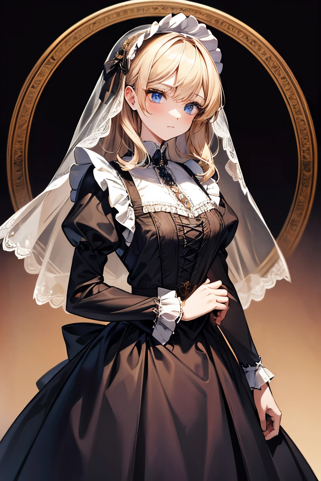 best quality, super fine, 16k, incredibly absurdres, extremely detailed, delicate, flashy and dynamic depiction, cute maid, shy, black maid uniform, veil, bonnet, ruffle frill long skirt, lace, embroidery, Medieval dress style, blonde tied updo hair style, Gothic, Romanesque, Baroque, Renaissance, Rococo, Art Nouveau, shining big round blue eyes, superlative body proportion, Northern Renaissance style, background fairytale fantasy, flower bed in the mansion