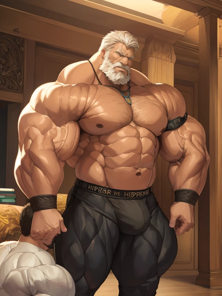 Wide medium shots, ground level camera shot, (best quality, 4k,8k, highres, masterpiece:1.2), ultra-d etailed, (realistic,photorealistic,photo-realistic:1.37).,((hyper muscular)) old man showing strong muscle wearing Hermes, black underpants , hyper muscle, hyper pectoral, hyper bicep, hyper arms, bulge, white and short hair, super thick arms, super big pectoral, super wide pectoral, topless, shirtless. 