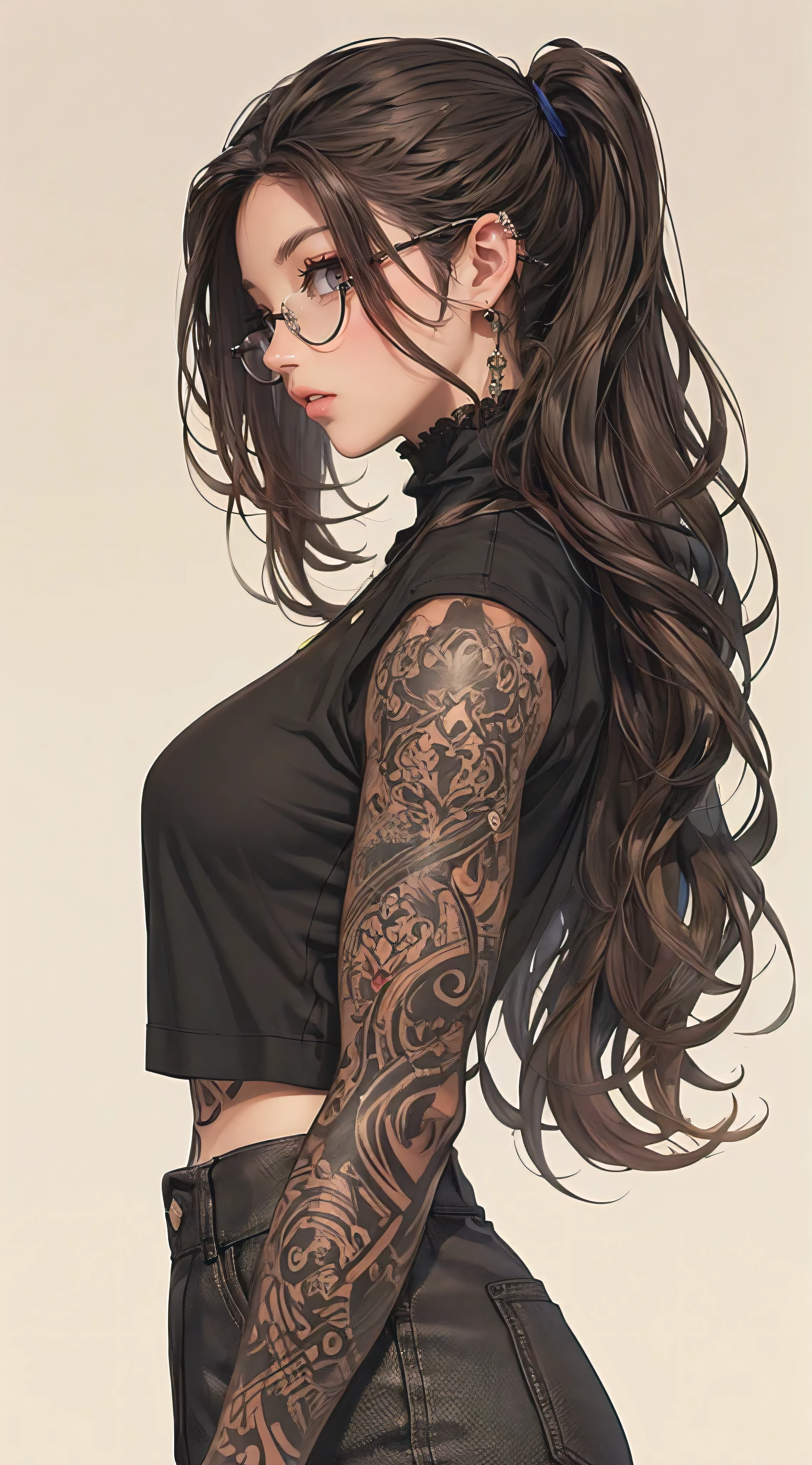 (best quality, masterpiece:1.2), side view, a beautiful woman with a full body tattoo, perfect body, wide hips, huge breasts, anime style, simple lines