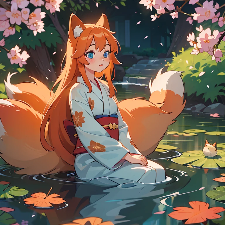 (best quality,4k,8k,highres,masterpiece:1.2),ultra-detailed,(realistic,photorealistic,photo-realistic:1.37),beautiful detailed eyes,beautiful detailed lips,extremely detailed eyes and face,long eyelashes,1girl, Kitsune, fox ears, fox tail, long orange hair, blue eyes,soft lighting,mystical atmosphere,vibrant colors,traditional Japanese art style,flowing kimono,enchanted garden,falling cherry blossoms,autumn leaves,shimmering pond,hint of magic