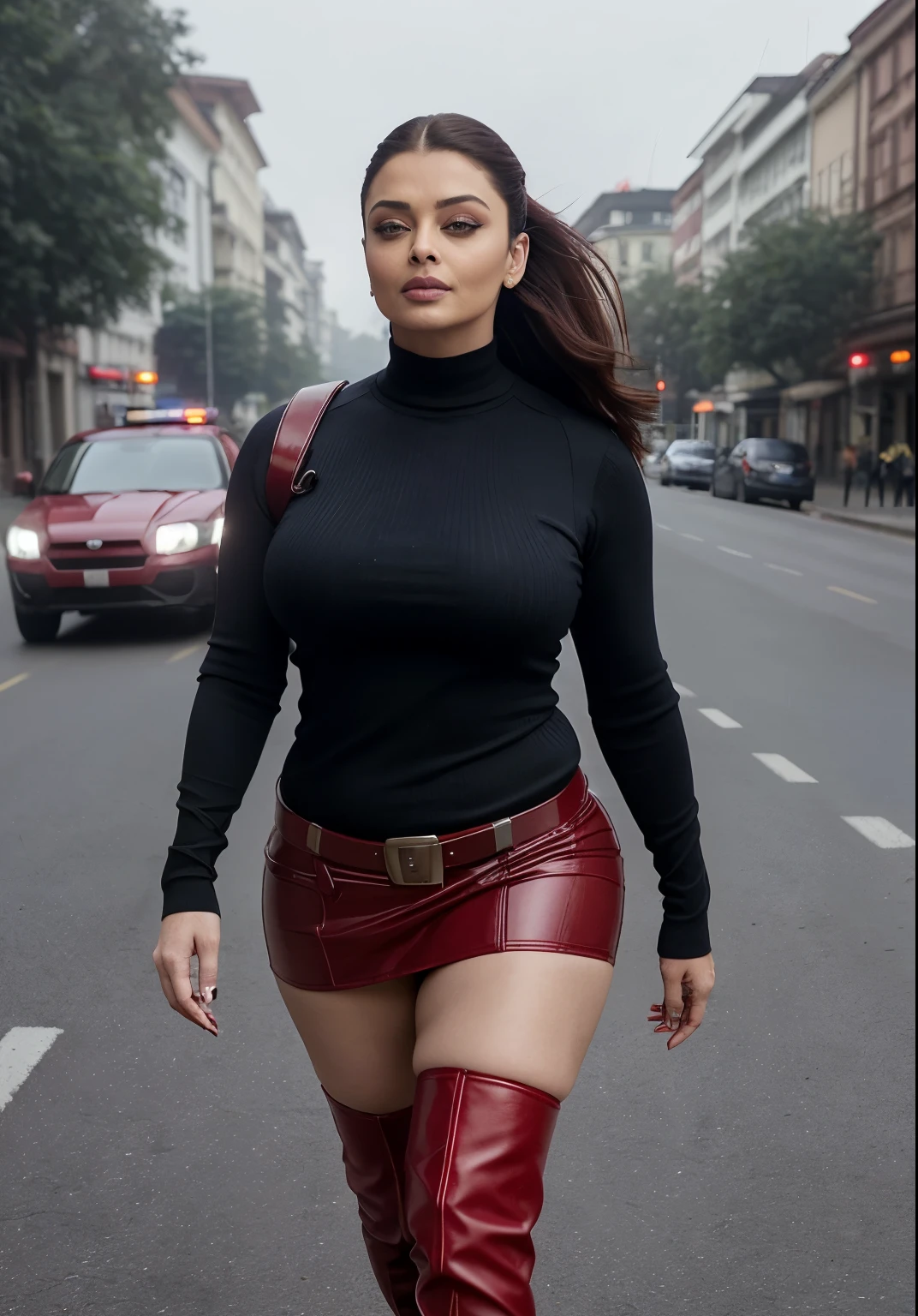 Aishwarya rai as biker lady, red leather pants, leather neckline bomber jacket, knee high leather boots, athletic fit figure, medium breasts, open hair, hands up in head pose in street, day scene, hourglass figure, massive breasts, nipple slip, fit, seductive face, look at camera and smile, erotic adult face, 40 yo, soft volumetric lights, intricate details, (ArtStation:1.2)