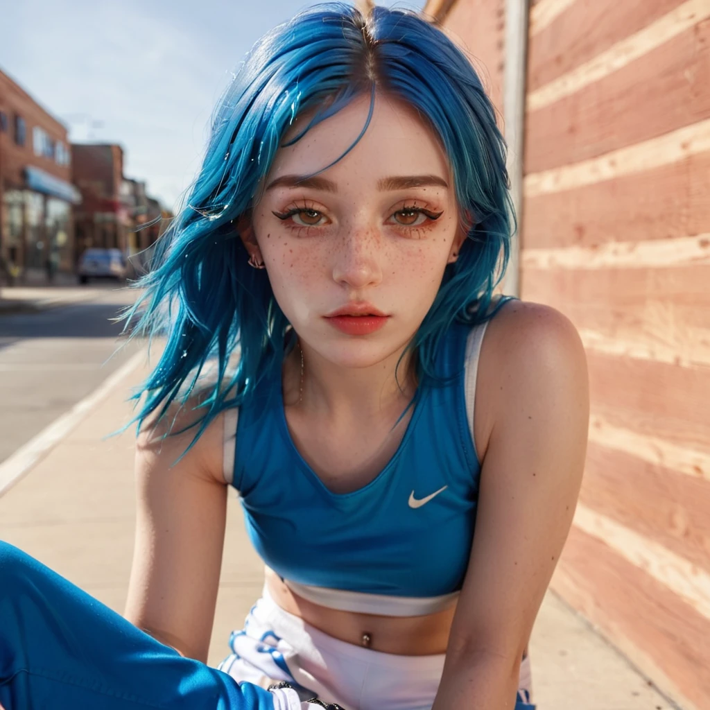 Blue Hair Best Anamorphic Lens Photography 50mm Lens Freckled Woman Close-up。In the background, the morning sun shines on her hair.、background is blurry。Hip-hop fashion。fashionable。NIKE sneakers