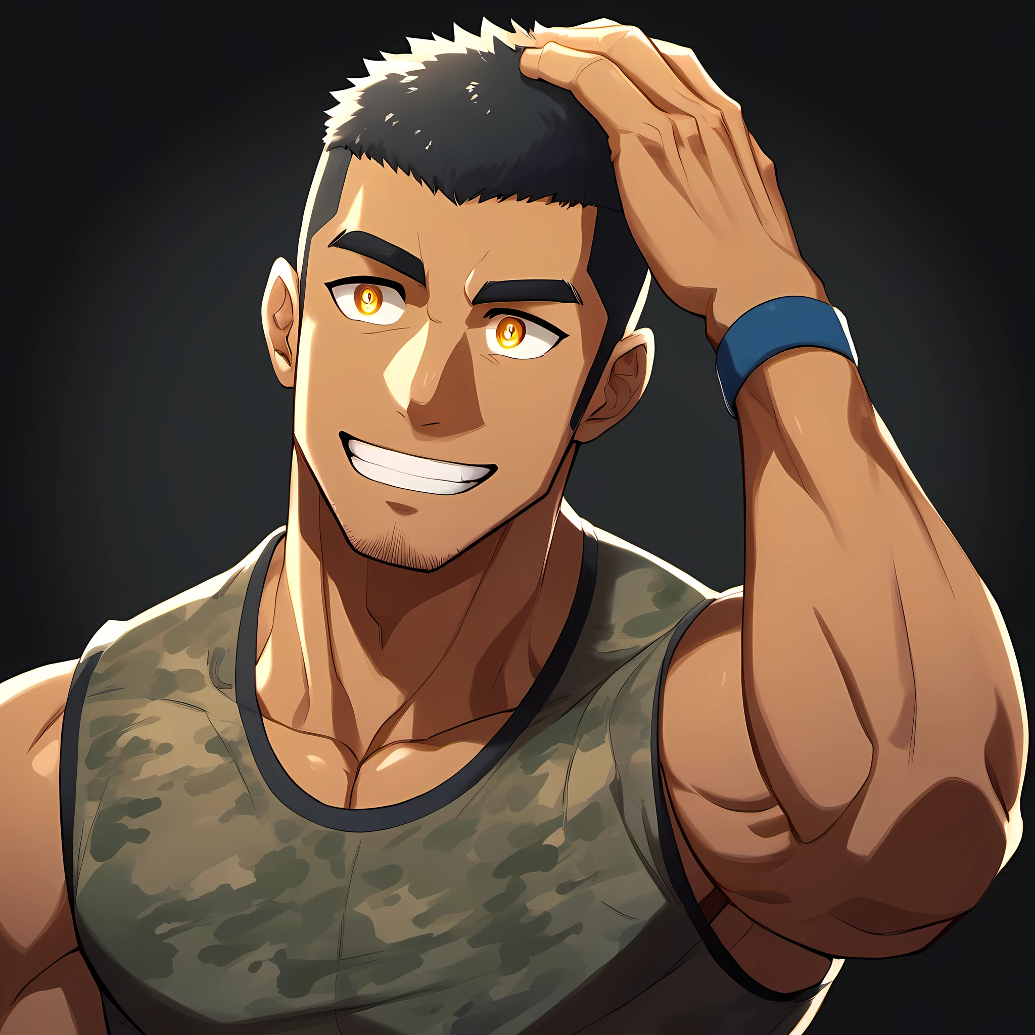 anime characters：Gyee, Fitness coach, Chocolate skin, 1 muscular tough guy, Manliness, male focus, Camouflage sleeveless T-shirt, Very tight, Slightly transparent, muscular male, muscular, only, Upper body, alone, Black short hair, Thick eyebrows, stubble, Yellow eyes, Black background, simple background, amazing quality, best aesthetics, Ridiculous, bright pupils, crew cut, parted lips, Scratching one&#39;s head, giggle, Stupid laugh, drop shadow, best quality