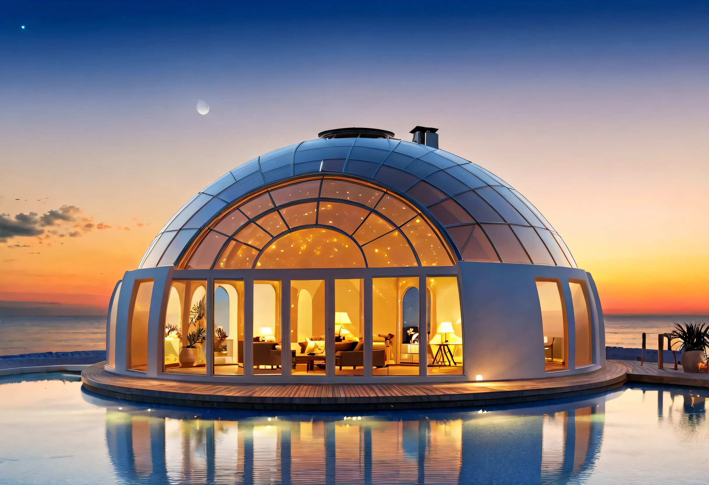 arafed view of a dome house with a circular roof, a digital rendering by Bernardino Mei, shutterstock, renaissance, dome of wonders, built around ocean, fulldome, dome, glass dome, seashell house, domes, star roof, lit from above, solarpunk architecture, domespace, glass domes, beachfront mansion
