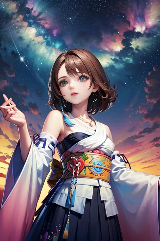 (masterpiece, highest quality), 1 girl, Unax, heterochromia, removed sleeve, kimono, sash, heart, Skirts too,purple、starry sky