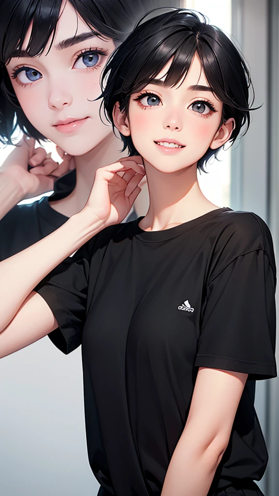 highest quality、realistic、girl、zoom、look up、cute、light gray eyes、black hair、very short hair、T-shirt、cheerful smile、face close up、slender