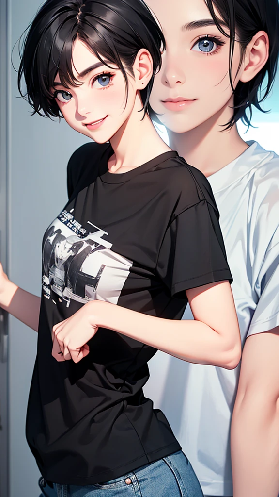 ((masterpiece, best quality)),((highres:1.2)), 1 Girl, solo, Blurred Background, (((Small breasts))), Thighs, (Stripe underwear), red bull T-Shirts, nipple, short hair