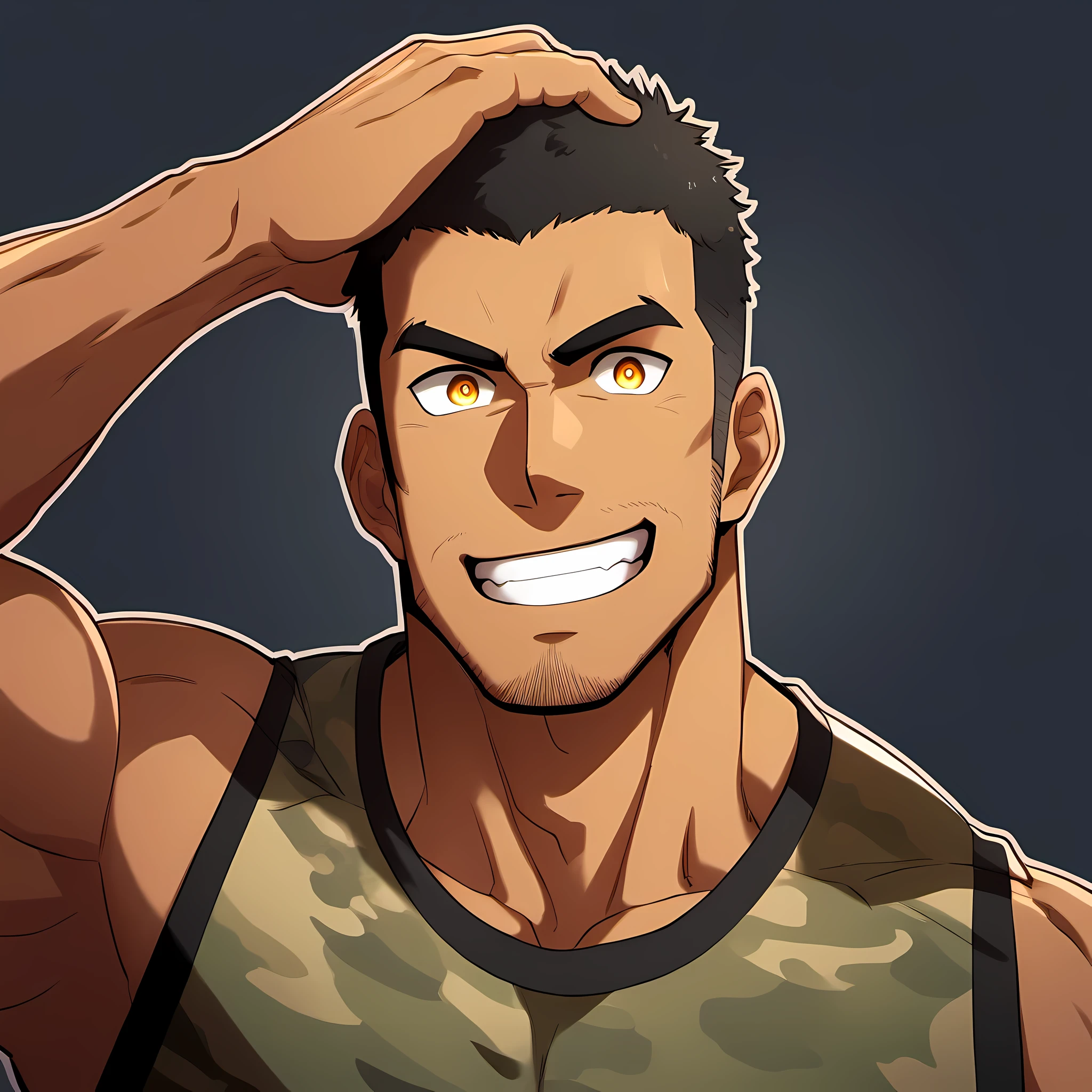 anime characters：Gyee, Fitness coach, Chocolate skin, 1 muscular tough guy, Manliness, male focus, Camouflage sleeveless T-shirt, Very tight, Slightly transparent, muscular male, muscular, only, Upper body, alone, Black short hair, Thick eyebrows, stubble, Yellow eyes, Black background, simple background, amazing quality, best aesthetics, Ridiculous, bright pupils, crew cut, parted lips, Scratching one&#39;s head, giggle, Stupid laugh, drop shadow, best quality