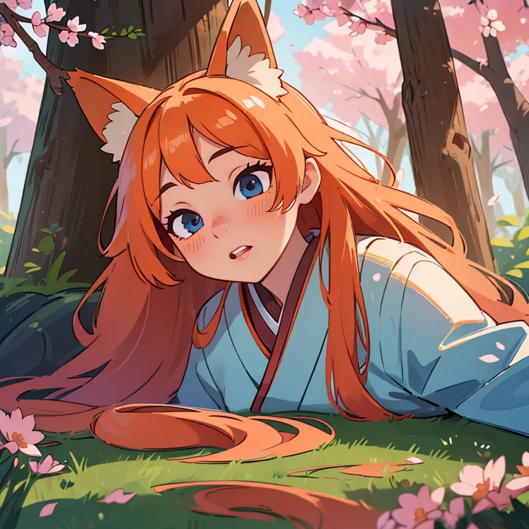 (best quality,4k,8k,highres,masterpiece:1.2),ultra-detailed,(realistic,photorealistic,photo-realistic:1.37),beautiful detailed eyes,beautiful detailed lips,extremely detailed eyes and face,long eyelashes,1girl, Kitsune, fox ears, fox tail, long orange hair, blue eyes,soft lighting,mystical atmosphere,vibrant colors,traditional Japanese art style,flowing kimono,enchanted garden,falling cherry blossoms