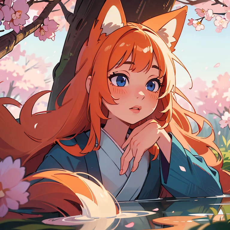 (best quality,4k,8k,highres,masterpiece:1.2),ultra-detailed,(realistic,photorealistic,photo-realistic:1.37),beautiful detailed eyes,beautiful detailed lips,extremely detailed eyes and face,long eyelashes,1girl, Kitsune, fox ears, fox tail, long orange hair, blue eyes,soft lighting,mystical atmosphere,vibrant colors,traditional Japanese art style,flowing kimono,enchanted garden,falling cherry blossoms