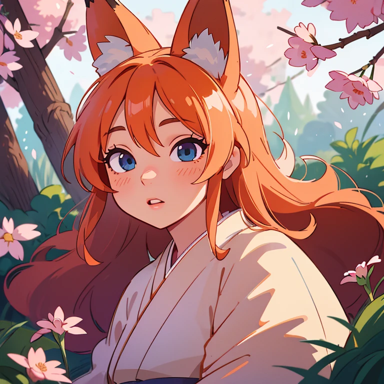 (best quality,4k,8k,highres,masterpiece:1.2),ultra-detailed,(realistic,photorealistic,photo-realistic:1.37),beautiful detailed eyes,beautiful detailed lips,extremely detailed eyes and face,long eyelashes,1girl, Kitsune, fox ears, fox tail, long orange hair, blue eyes,soft lighting,mystical atmosphere,vibrant colors,traditional Japanese art style,flowing kimono,enchanted garden,falling cherry blossoms