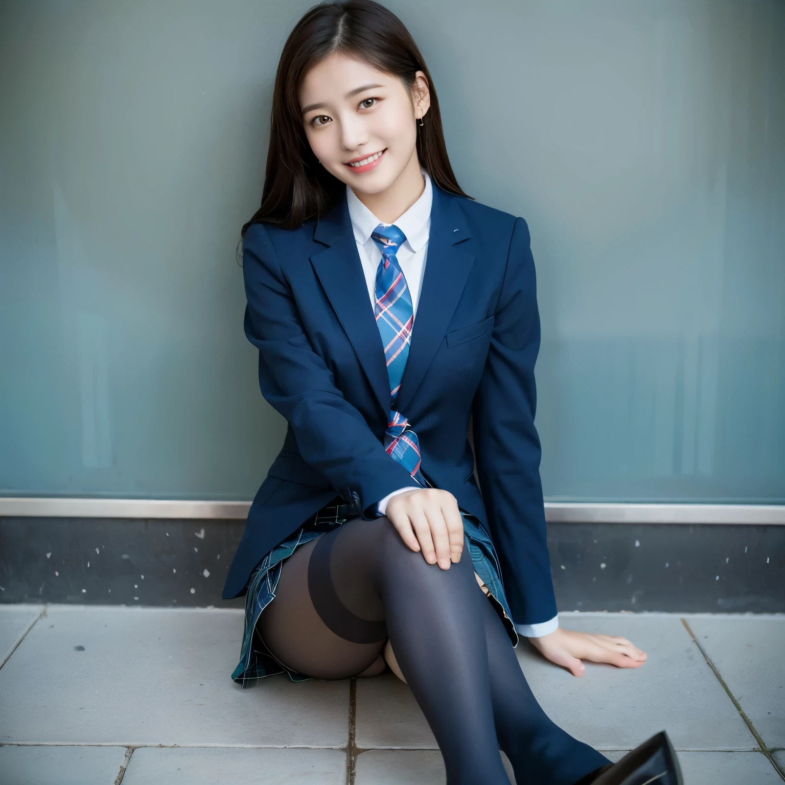 (8K), (highest quality: 1.2), (realistic), (realistic: 1.37), ultra high resolution, (1 girl), cute, smile, closed mouth, beautiful details, beautiful nose, wet hair, giant dulcefo, pork, thighs,self snap,University Student Uniform,simple blazer,pleated skirt,(The pattern of the skirt and tie is a tartan check pattern....:1.3),(sitting:1), sit on the ground,(hug your feet:1),(Blue tights),from the front,knees