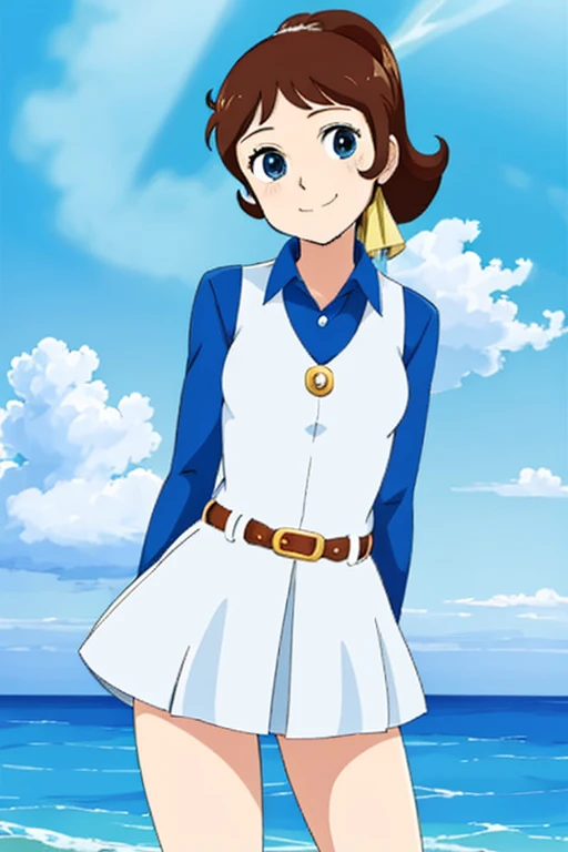 masterpiece, highest quality, alone,1 girl,looking at the viewer,Ocean, cowboy shot,anime style,
 Mako-chan,smile,